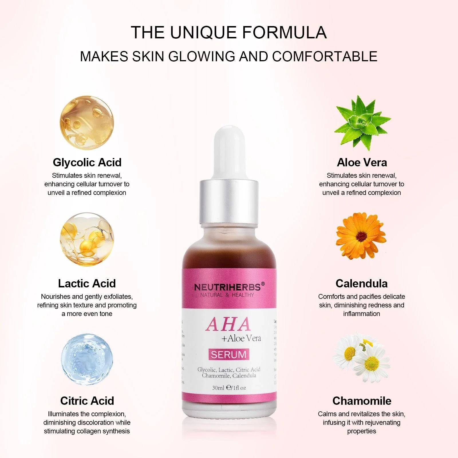 Oem Private Label Aha Serum Anti-aging Exfoliating Smoothing Enriched With Aloe Vera Calendula & Chamomile For Face