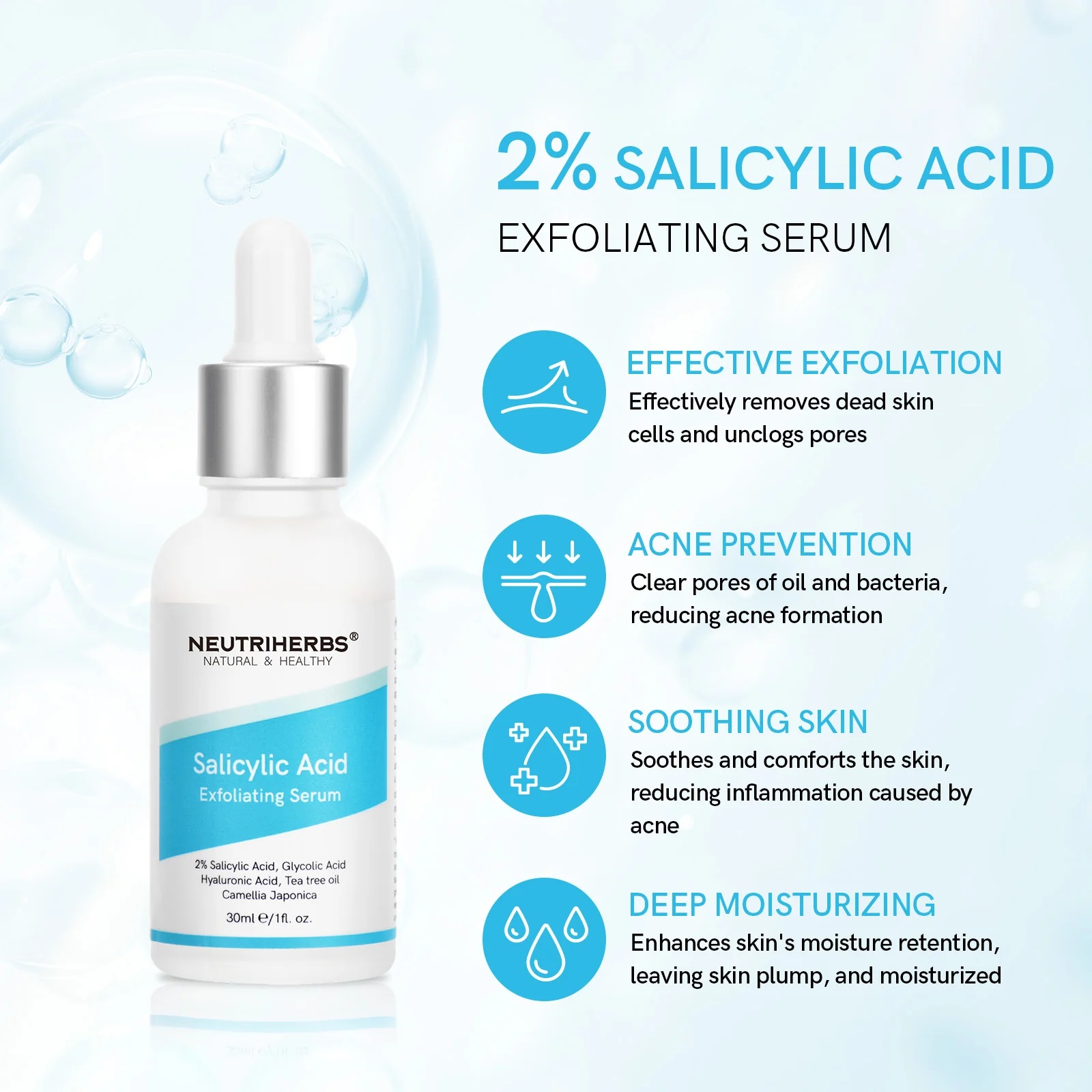 Oem Acne Treatment Salicylic Acid Serum For Acne Prone Skin,Rich Infused With Glycolic Acid,Hyaluronic Acid Tea,Tree Oil