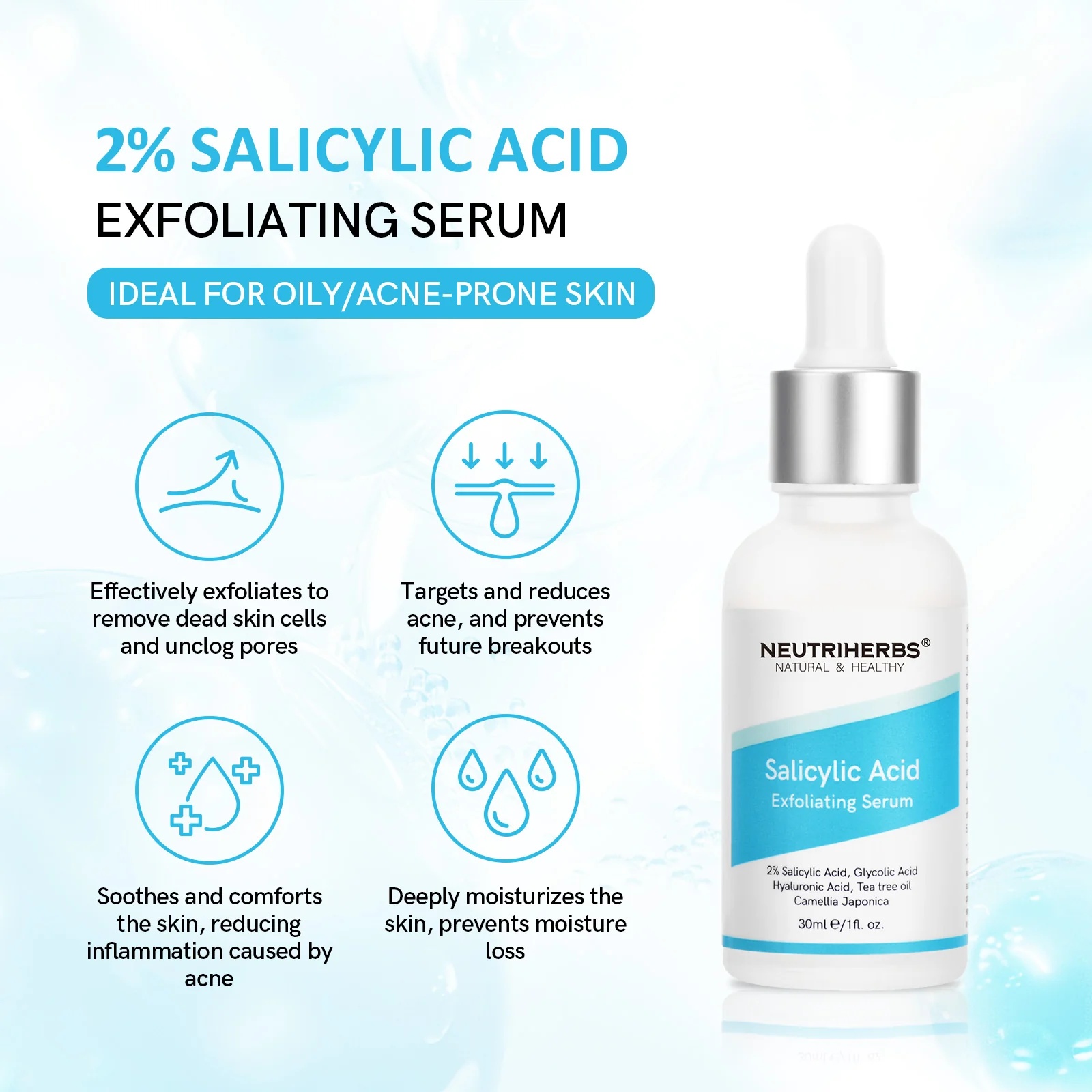 Oem Acne Treatment Salicylic Acid Serum For Acne Prone Skin,Rich Infused With Glycolic Acid,Hyaluronic Acid Tea,Tree Oil