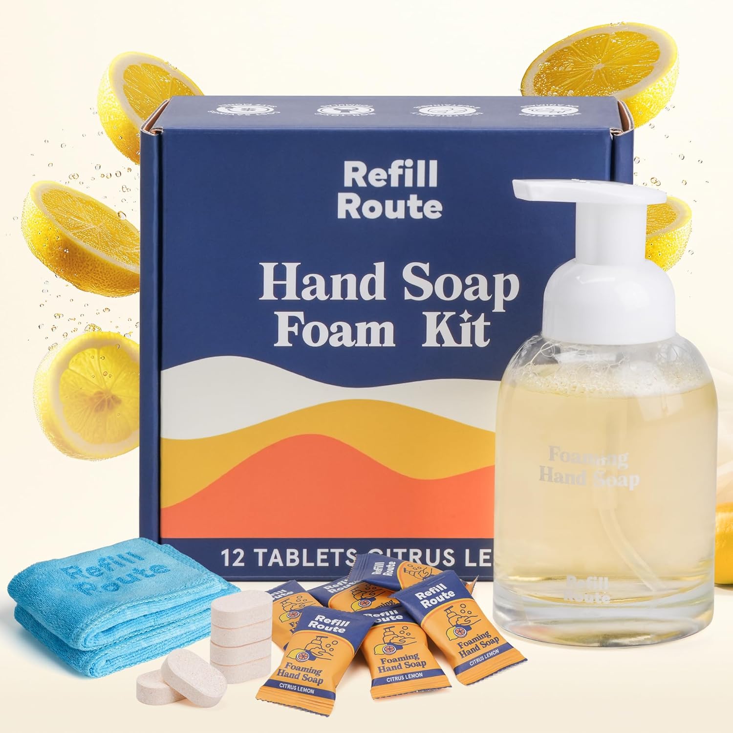 Oem White Glass Bottle 12 Liquid Refill Included Start Kit Vegan Cruelty-free Lemon Flavor Foaming Hand Soap Liquid Refill
