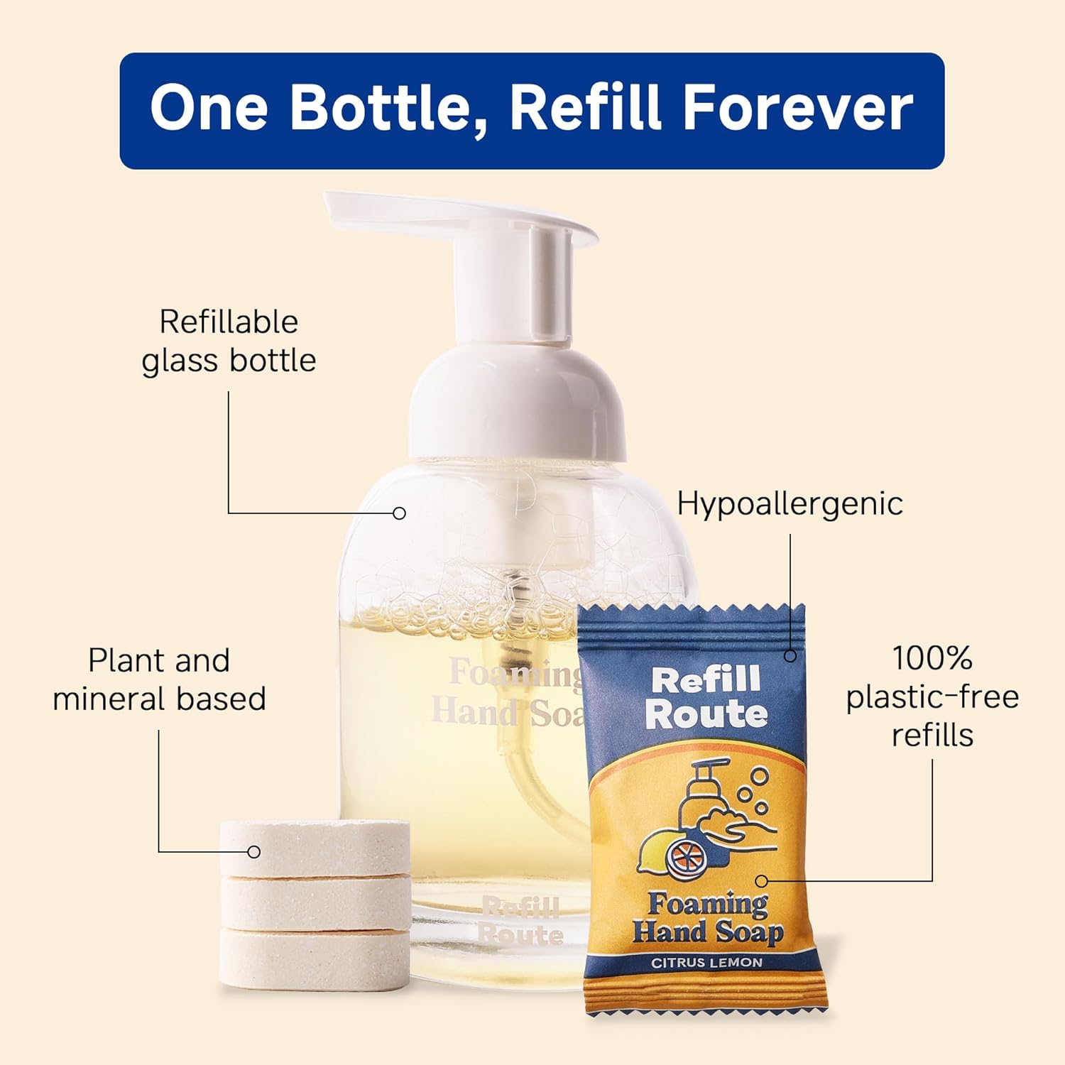 Oem White Glass Bottle 12 Liquid Refill Included Start Kit Vegan Cruelty-free Lemon Flavor Foaming Hand Soap Liquid Refill