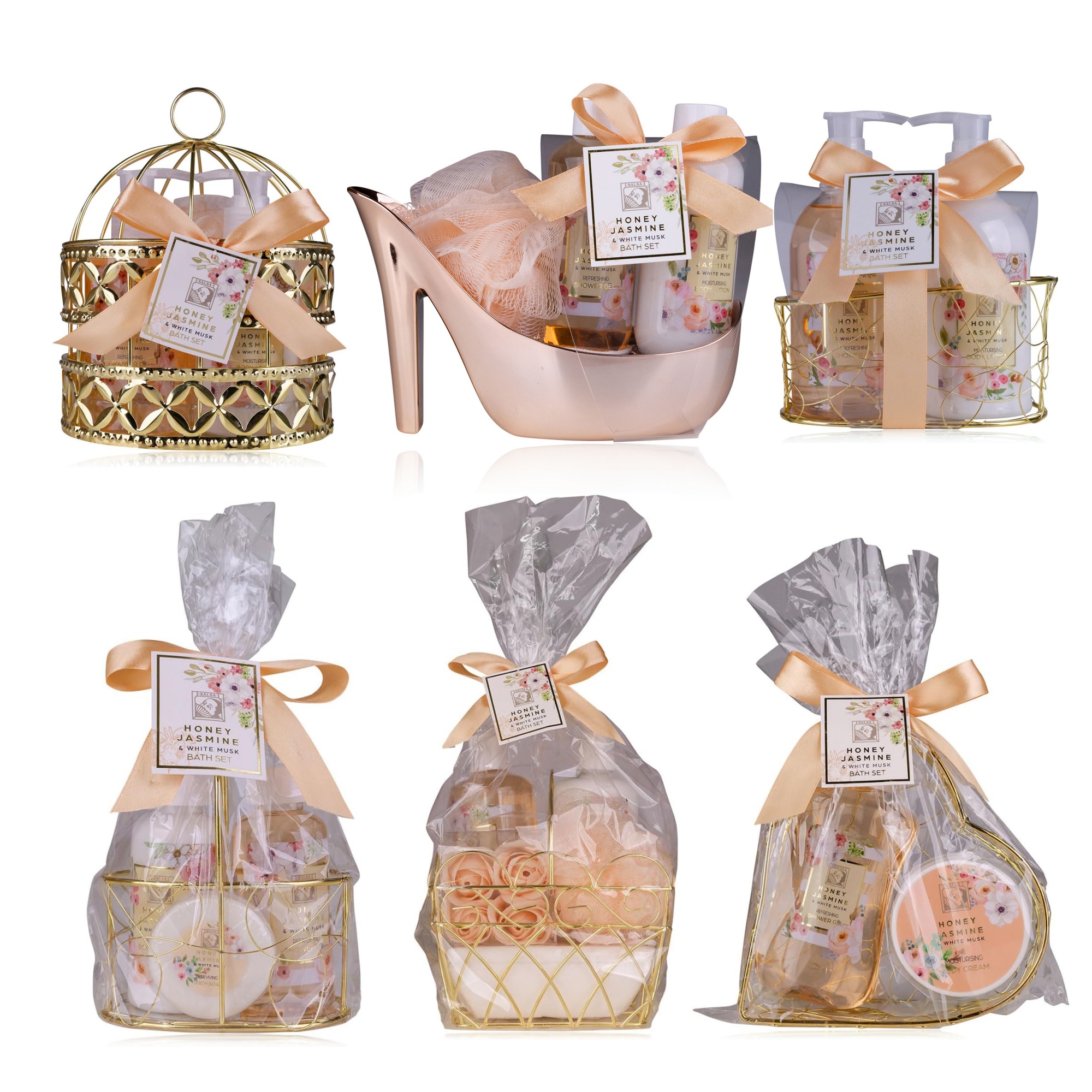 Private Label Honey Jasmine Women's Shower Set In Beautiful Wire Basket - Wellness Gift Set For Birthday,Valentine's Day