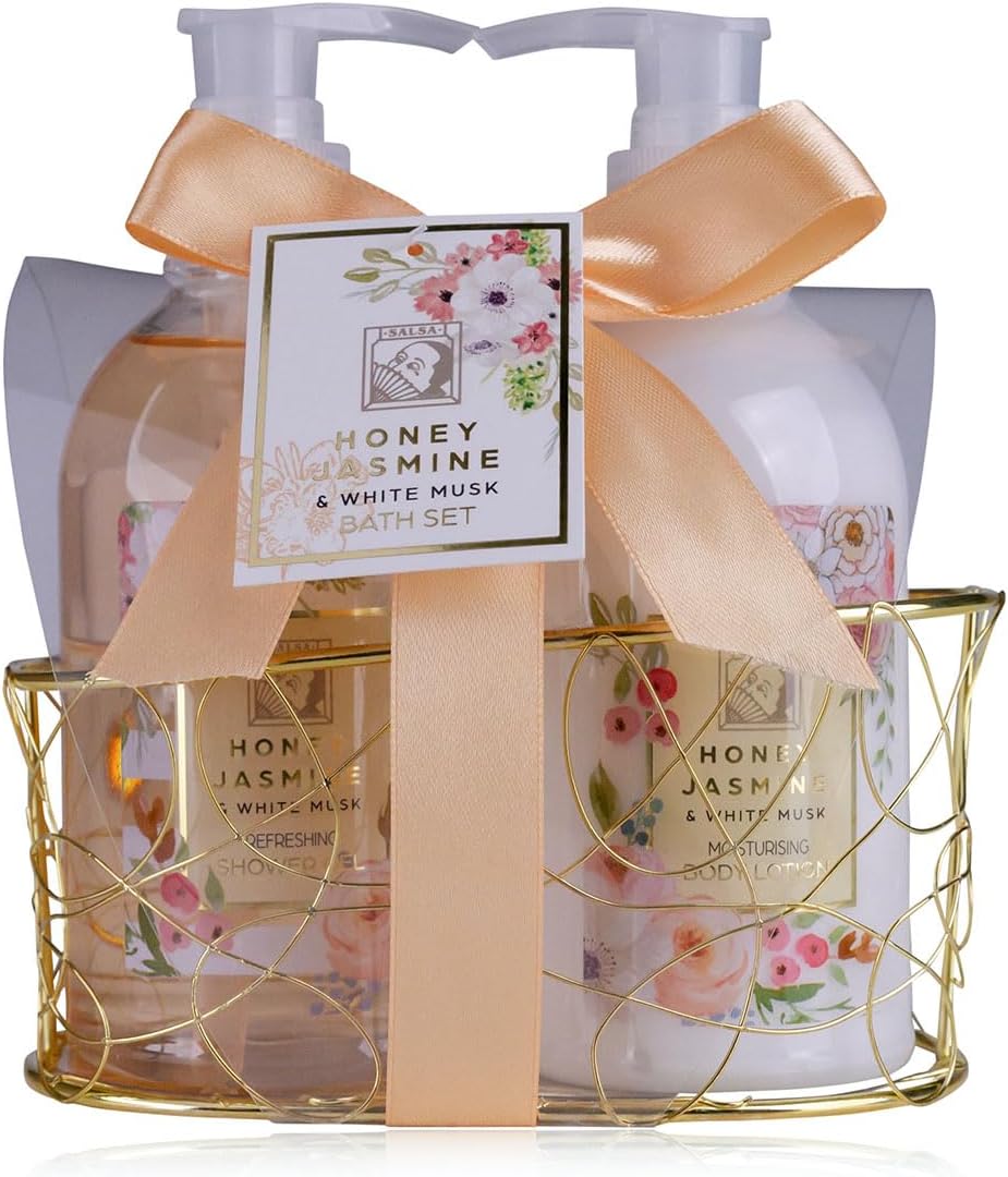 Private Label Honey Jasmine Women's Shower Set In Beautiful Wire Basket - Wellness Gift Set For Birthday,Valentine's Day