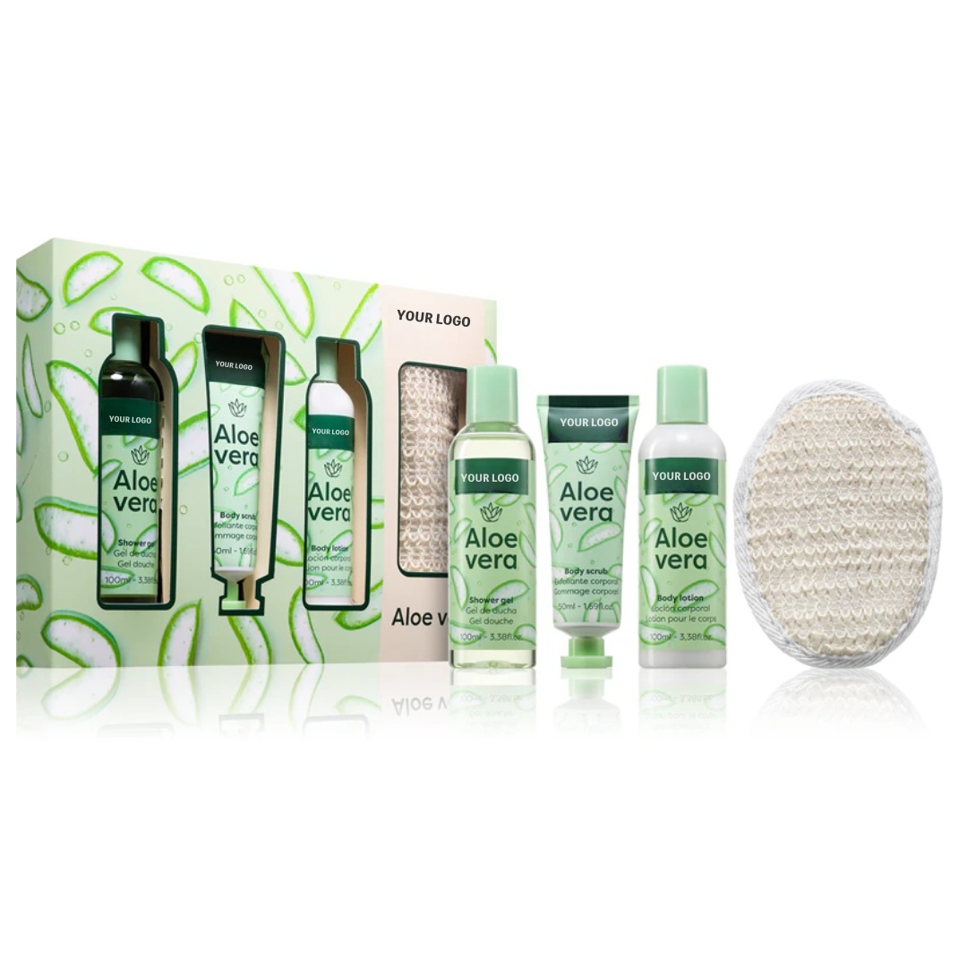 Oem Moisturizing Aloe Vera Spa Bath Kit With Body Lotion Shower Gel Body Scrub & Sisal Bath Towel-gift Box