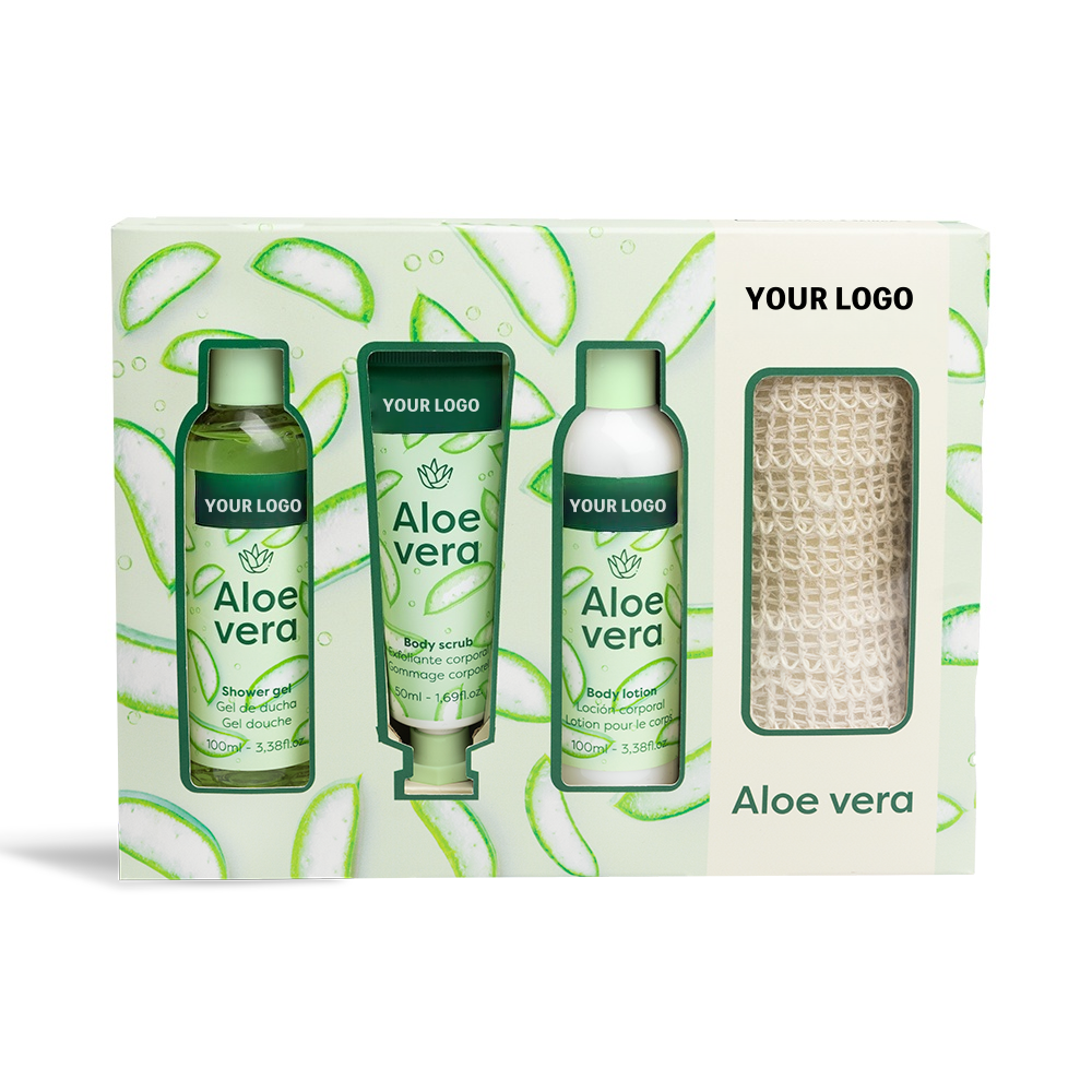 Oem Moisturizing Aloe Vera Spa Bath Kit With Body Lotion Shower Gel Body Scrub & Sisal Bath Towel-gift Box