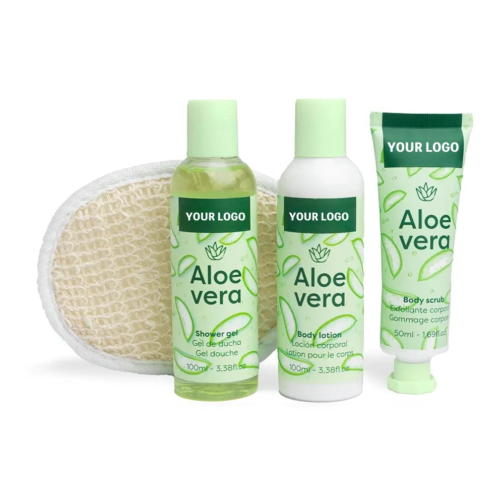 Oem Moisturizing Aloe Vera Spa Bath Kit With Body Lotion Shower Gel Body Scrub & Sisal Bath Towel-gift Box
