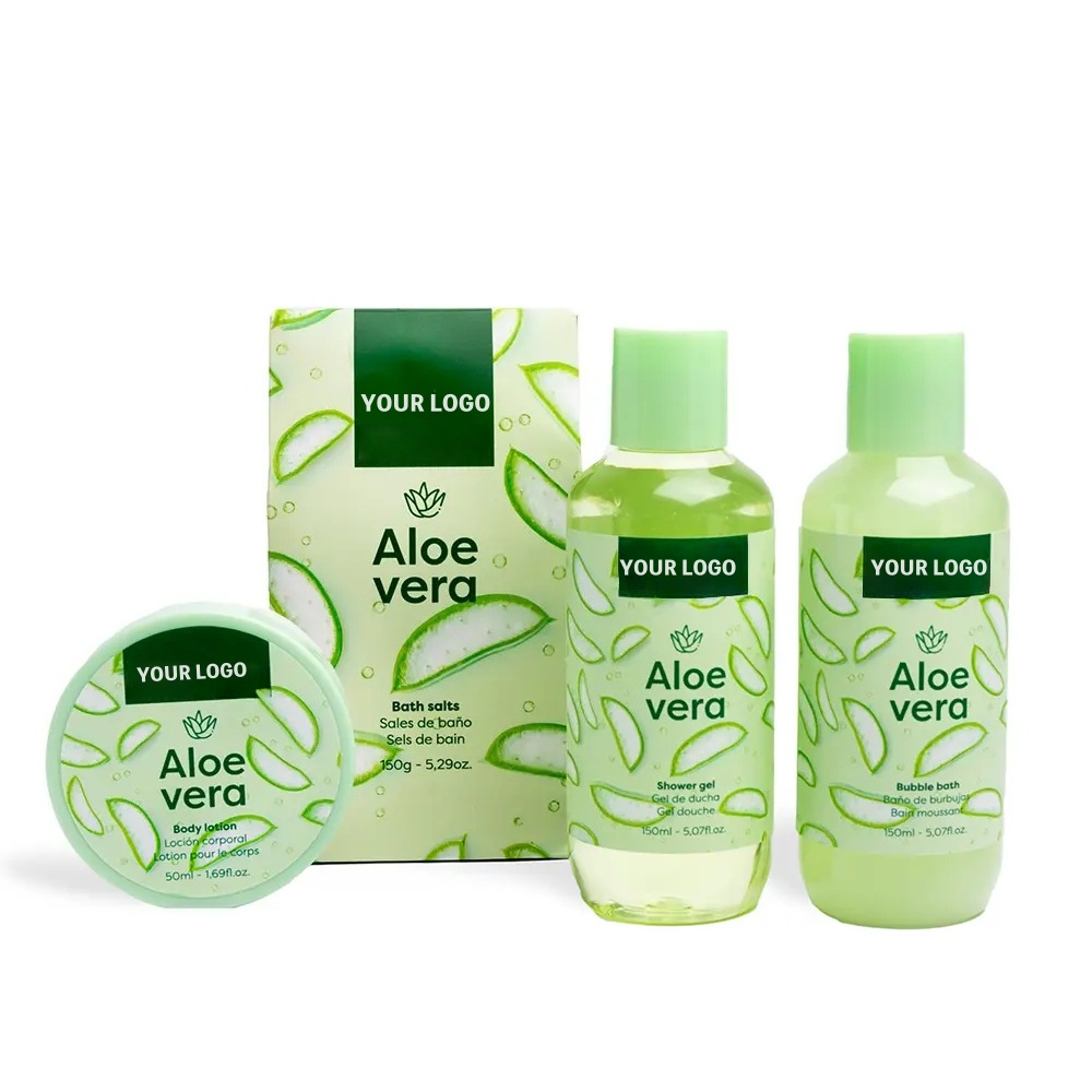 Oem Aloe Vera Herbal Spa Bath Kit With Moisturizing Body Lotion Shower Gel Bubble Bath & Bath Salt Natural Scent Gift Box
