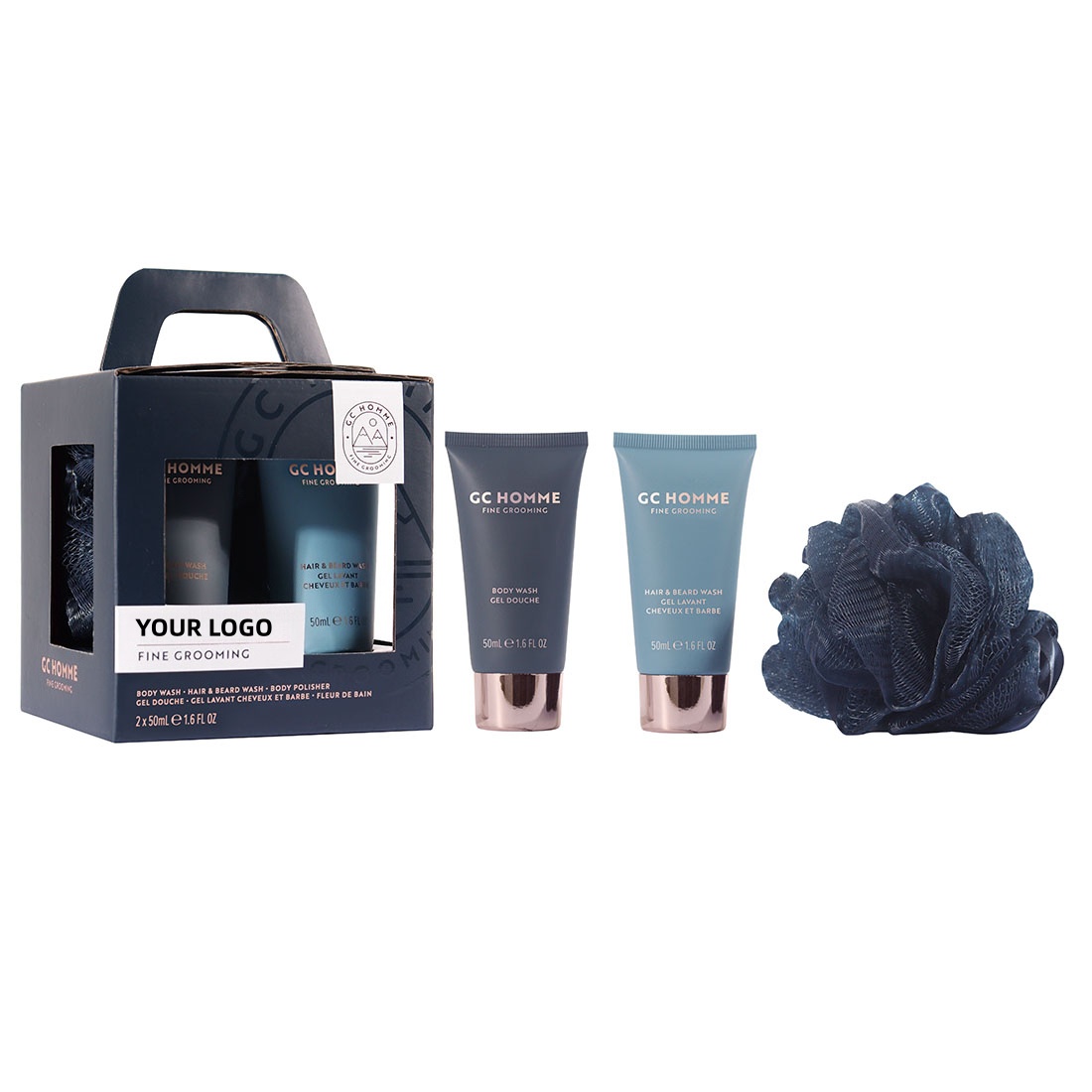 Private Label Vegan Cruelty-free Men's Bathing Set With Body Wash & Hair Beard Wash Travel Size 1.6 Oz Gift Box