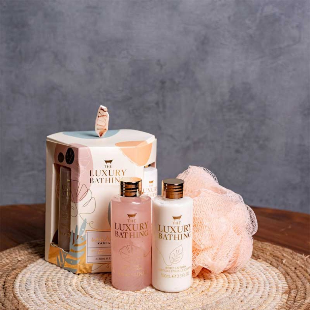 Private Label Luxury Bathing Gift Set,Body Wash And Body Lotion With Polisher -warm Vanilla & Sweet Almond
