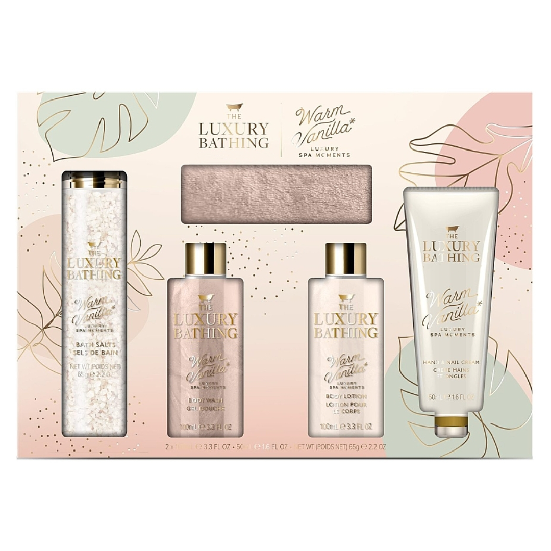 Private Label Luxury Bathing And Skin Gift Set,Salt,Body Wash And Body Lotion With Luxury Flannel -warm Vanilla & Sweet Almond
