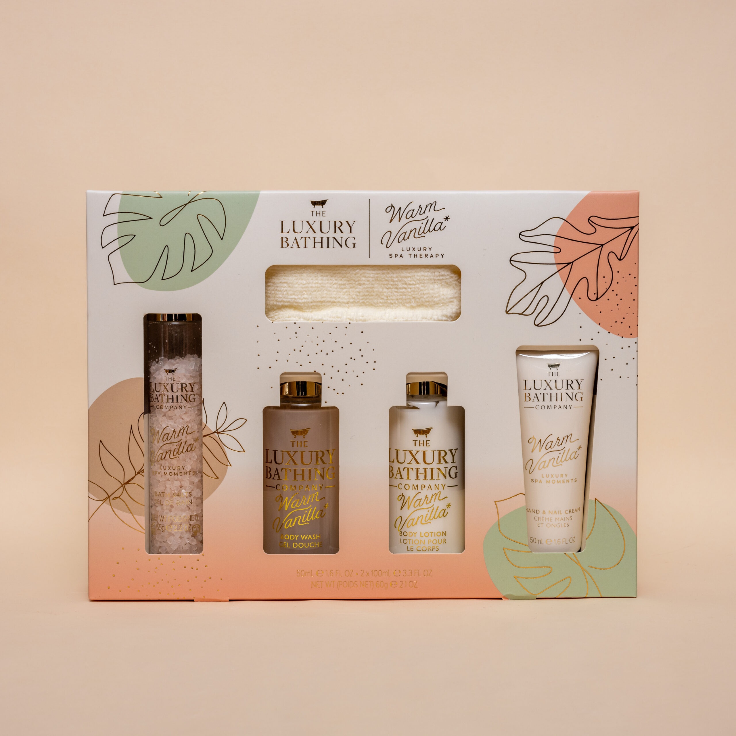 Private Label Luxury Bathing And Skin Gift Set,Salt,Body Wash And Body Lotion With Luxury Flannel -warm Vanilla & Sweet Almond