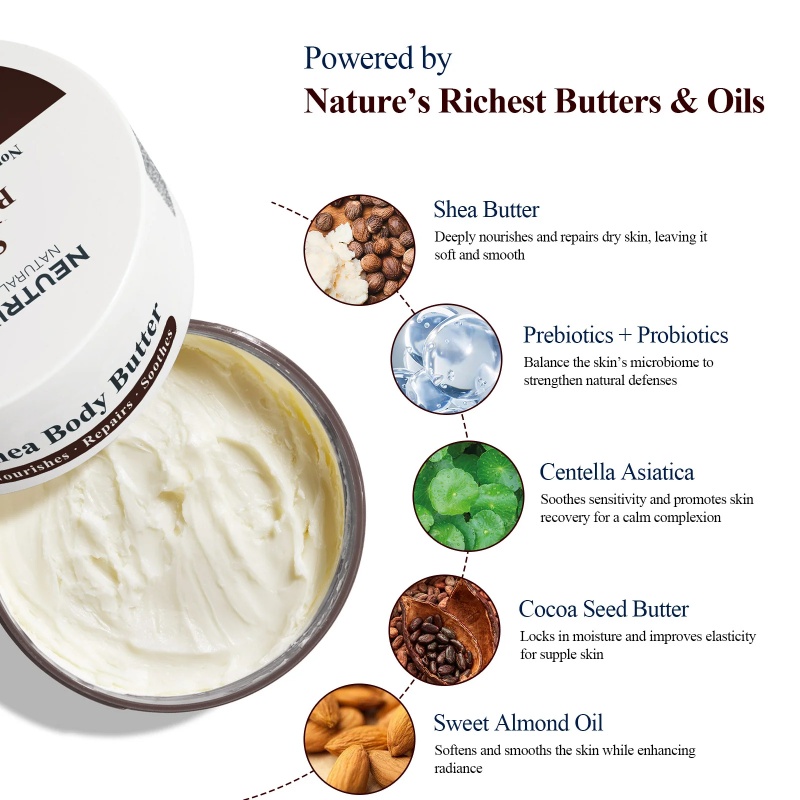 Oem Private Label Organic Shea Butter Cream Vegan Body Hydrating Nourishing Soothing Herbal Fragrance Centella Asiatica Enriched
