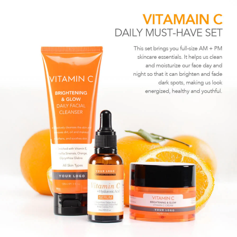 Private Label Vitamin C & Arbutin Face Serum Set For Dull & Tired Skin With Dark Spots Brightening & Whitening Gift Box