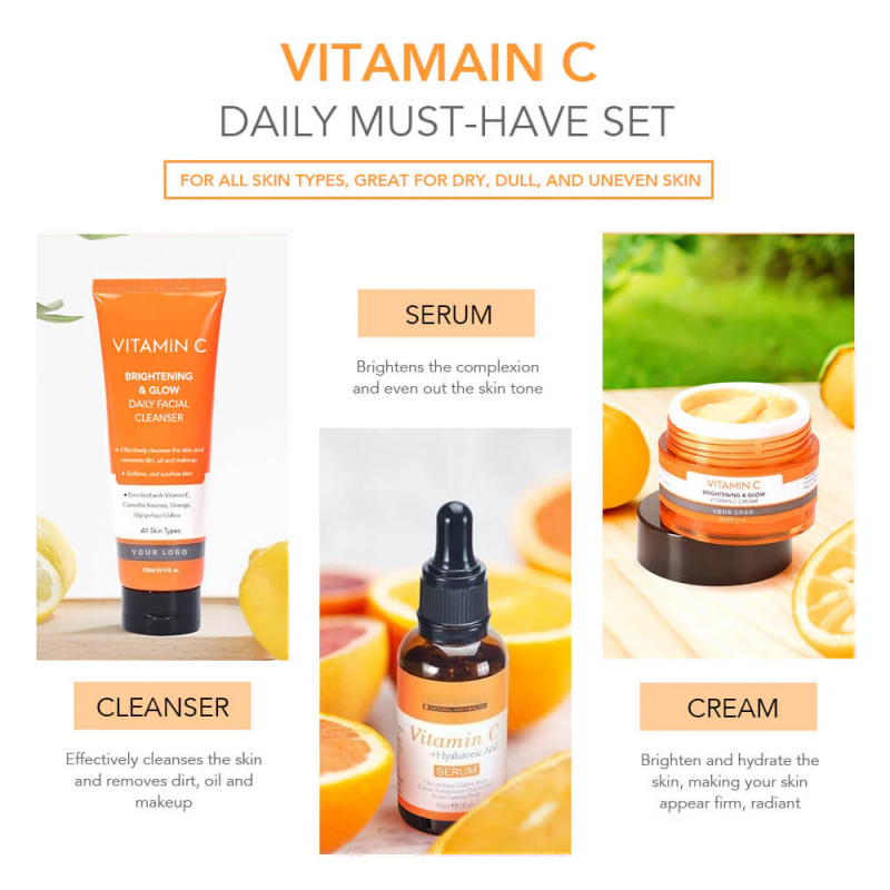 Private Label Vitamin C & Arbutin Face Serum Set For Dull & Tired Skin With Dark Spots Brightening & Whitening Gift Box