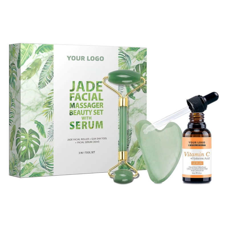Oem Private Label Facial Massager Beauty Set Whitening Vitamin C Hyaluronic Acid Liquid Serum Jade Roller Gua Sha Tool