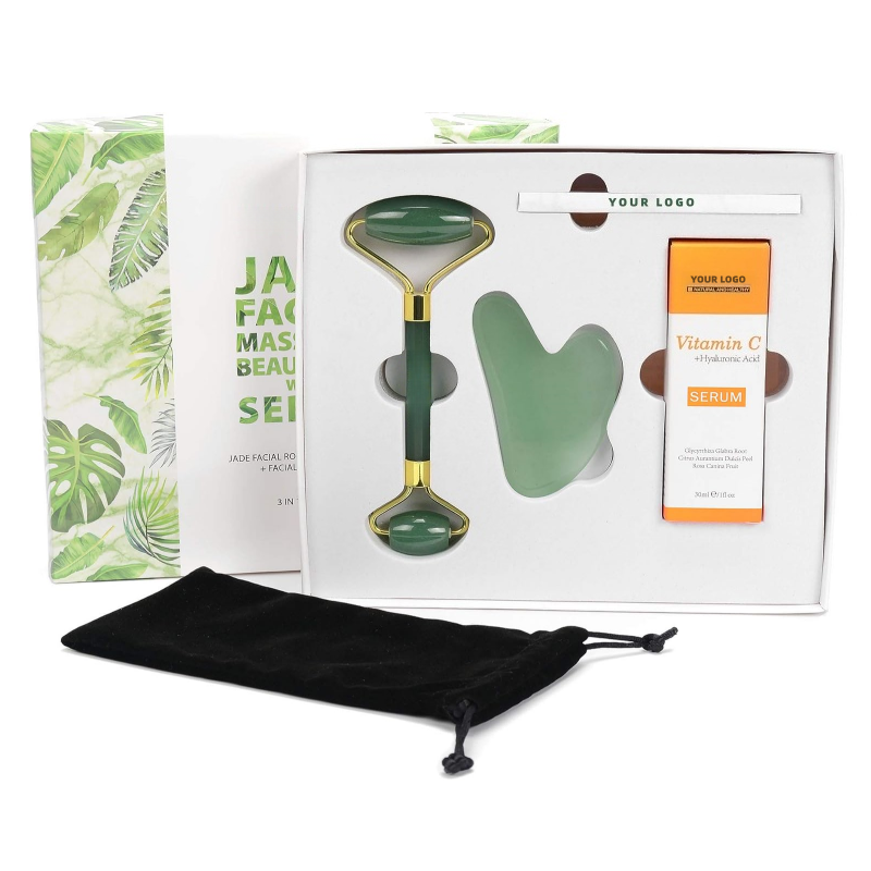 Oem Private Label Facial Massager Beauty Set Whitening Vitamin C Hyaluronic Acid Liquid Serum Jade Roller Gua Sha Tool