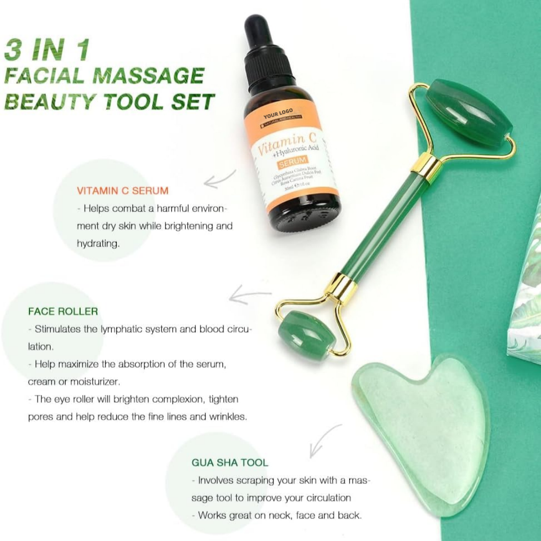 Oem Private Label Facial Massager Beauty Set Whitening Vitamin C Hyaluronic Acid Liquid Serum Jade Roller Gua Sha Tool