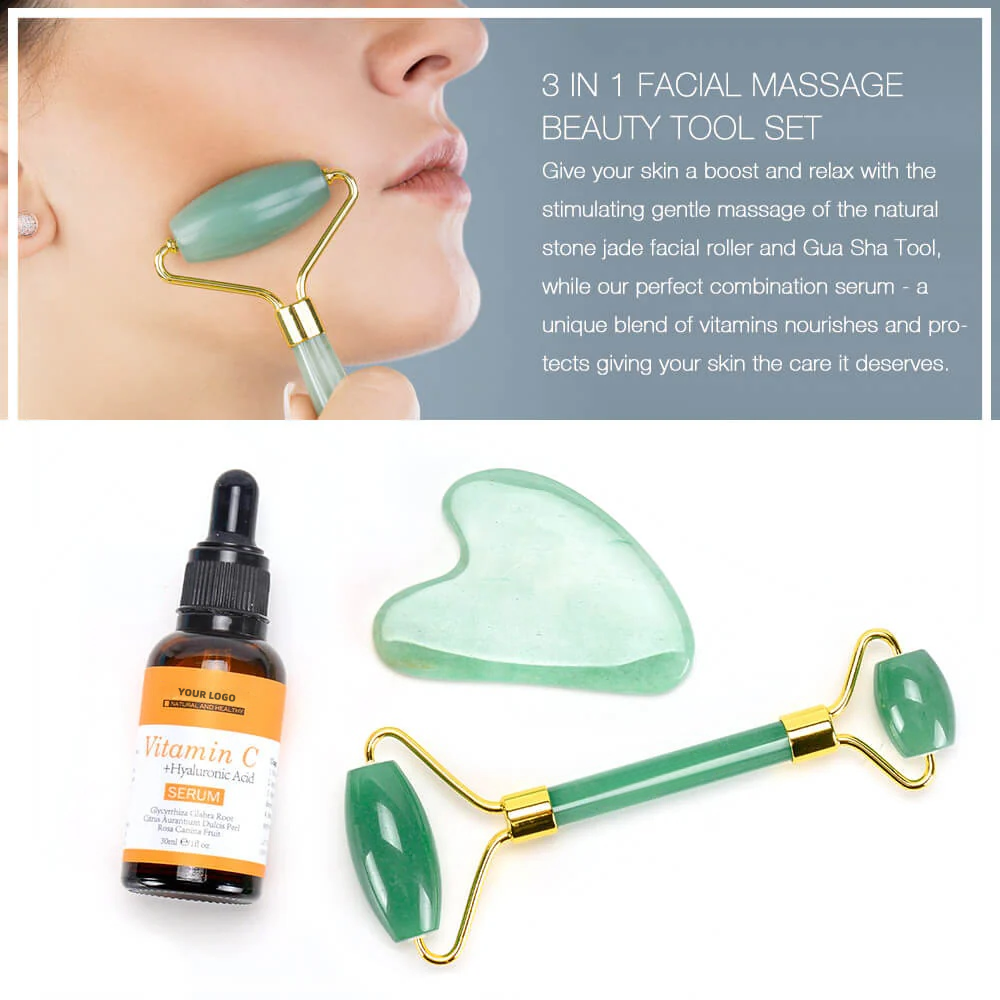 Oem Private Label Facial Massager Beauty Set Whitening Vitamin C Hyaluronic Acid Liquid Serum Jade Roller Gua Sha Tool