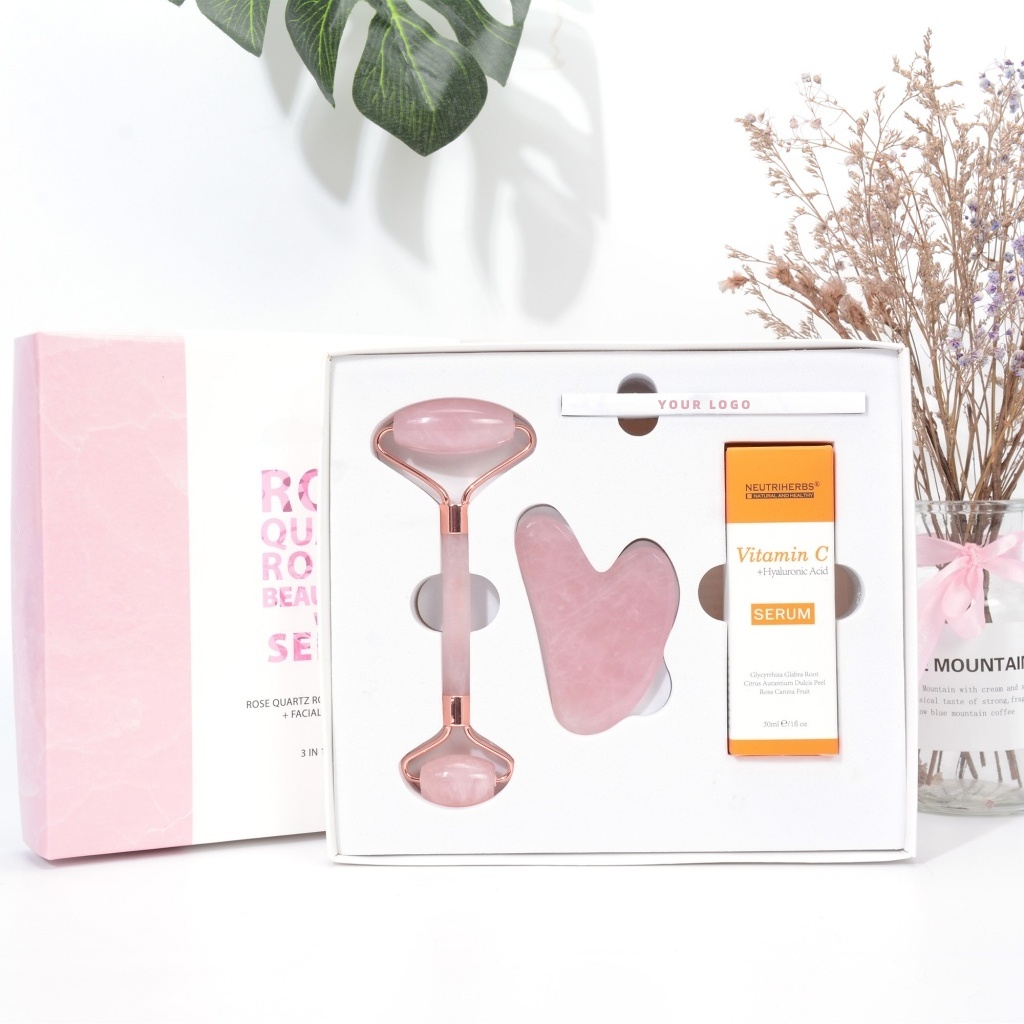 Oem Private Label Whitening Facial Massager Beauty Set With Vitamin C & Hyaluronic Acid Liquid Serum Jade Roller & Gua Sha Tool
