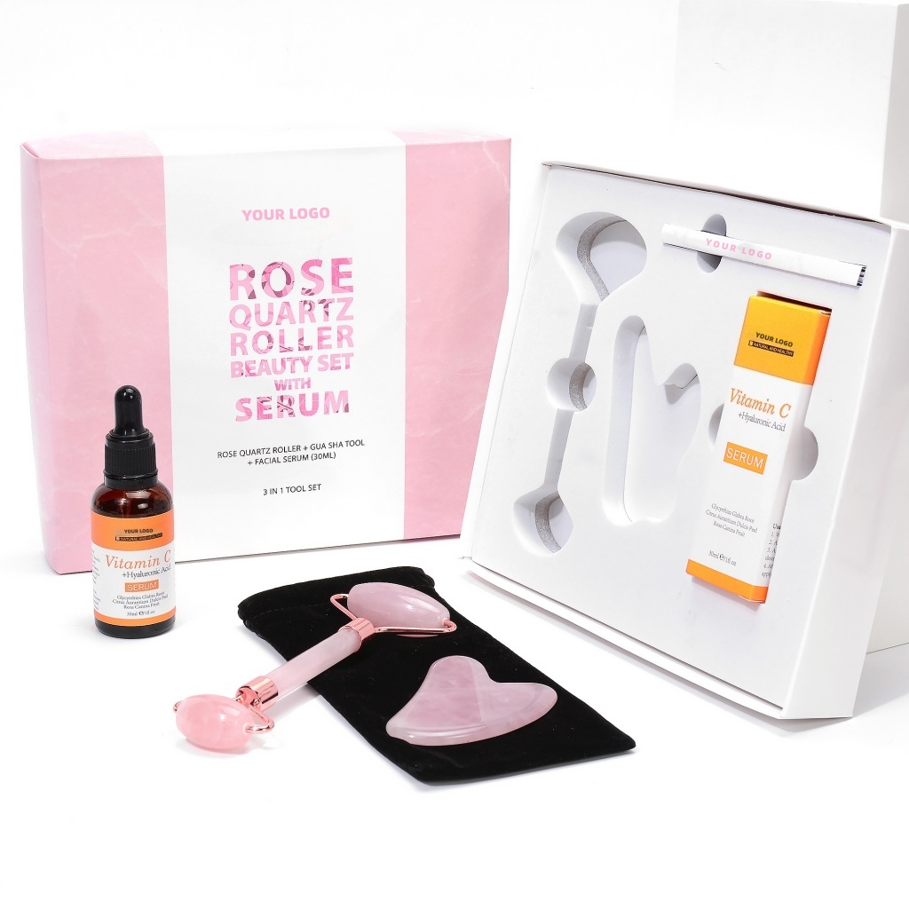 Oem Private Label Whitening Facial Massager Beauty Set With Vitamin C & Hyaluronic Acid Liquid Serum Jade Roller & Gua Sha Tool