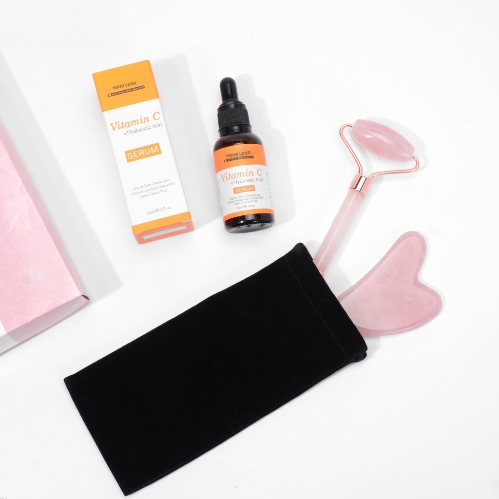Oem Private Label Whitening Facial Massager Beauty Set With Vitamin C & Hyaluronic Acid Liquid Serum Jade Roller & Gua Sha Tool