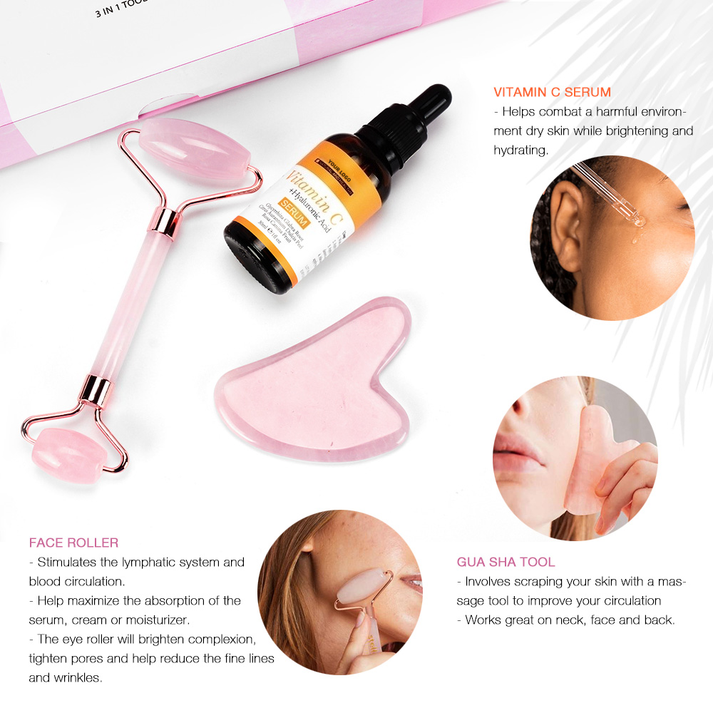 Oem Private Label Whitening Facial Massager Beauty Set With Vitamin C & Hyaluronic Acid Liquid Serum Jade Roller & Gua Sha Tool