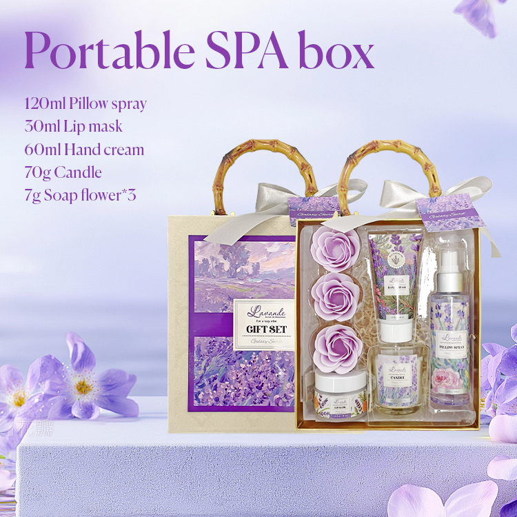 Herbal Lavender Scented Travel Spa Box Including Lip Mask Hand Cream & Candle Luxury Bath & Body Care Gift Set