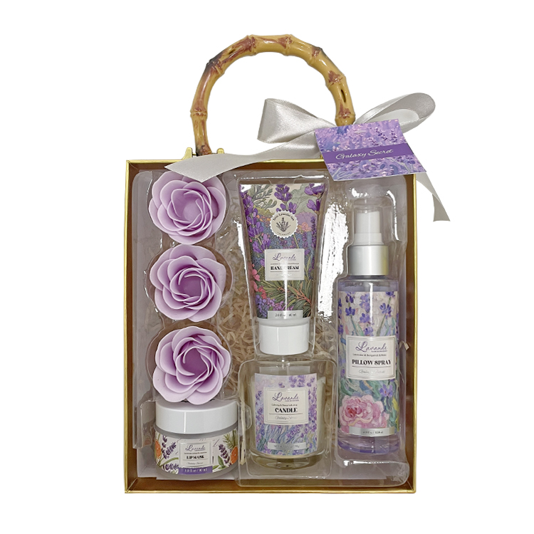 Herbal Lavender Scented Travel Spa Box Including Lip Mask Hand Cream & Candle Luxury Bath & Body Care Gift Set