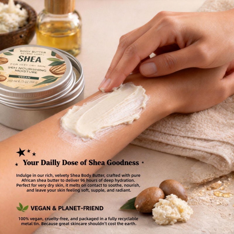 200ml Shea Body Butter Cream 96h Nourishing Eco-friendly Vegan & Cruelty-free Unscented Organic Moisturizing For Sensitive Skin