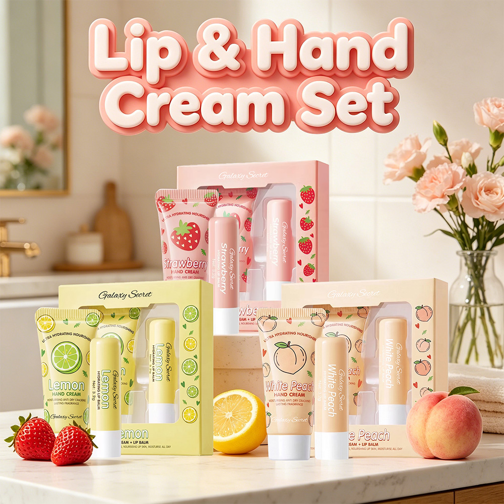 Private Label Oem Hand Cream Lip Balm Kit Strawberry Lemon Peach Nourishing Mini Hand Lip Care Gift Box