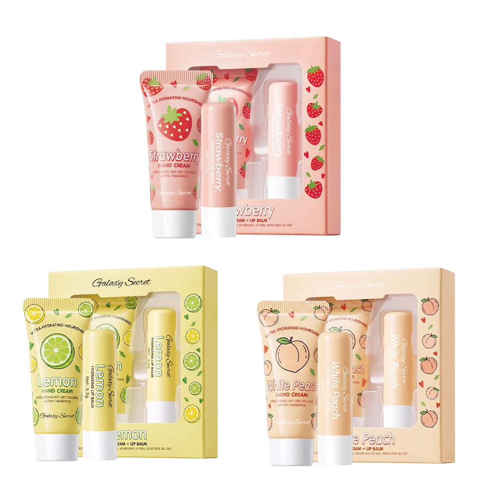 Private Label Oem Hand Cream Lip Balm Kit Strawberry Lemon Peach Nourishing Mini Hand Lip Care Gift Box