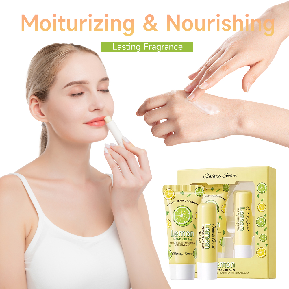 Private Label Oem Hand Cream Lip Balm Kit Strawberry Lemon Peach Nourishing Mini Hand Lip Care Gift Box