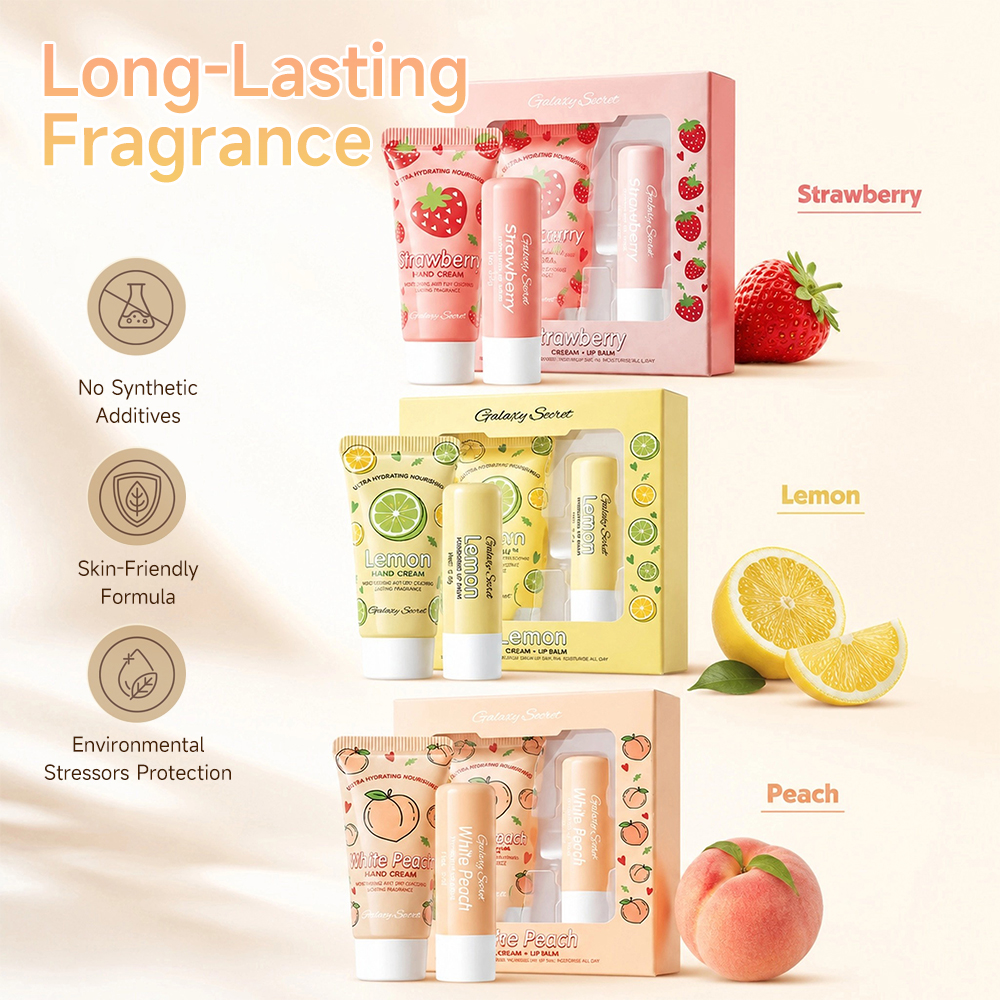 Private Label Oem Hand Cream Lip Balm Kit Strawberry Lemon Peach Nourishing Mini Hand Lip Care Gift Box