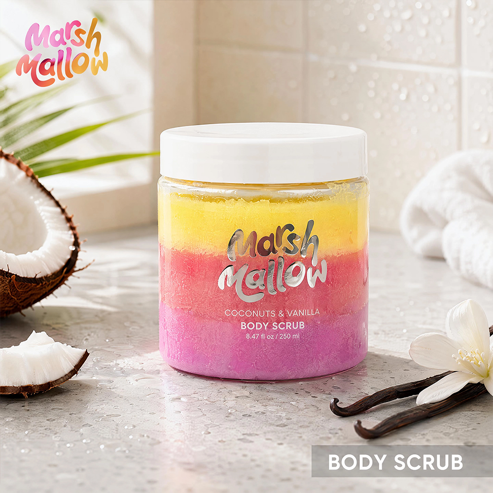 Private Label Marshmallow Layered Sugar Body Scrub 250ml Gentle Skin Exfoliator Whitening Moisturizing Body Scrub