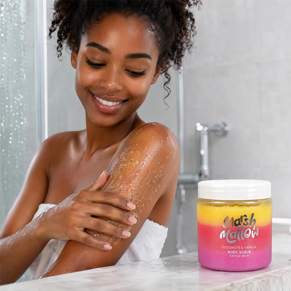 Private Label Marshmallow Layered Sugar Body Scrub 250ml Gentle Skin Exfoliator Whitening Moisturizing Body Scrub