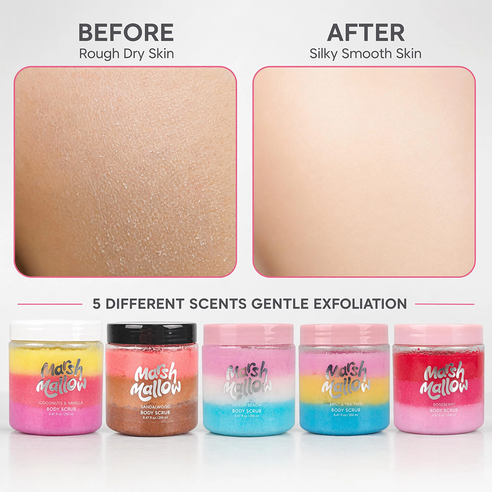 Private Label Marshmallow Layered Sugar Body Scrub 250ml Gentle Skin Exfoliator Whitening Moisturizing Body Scrub