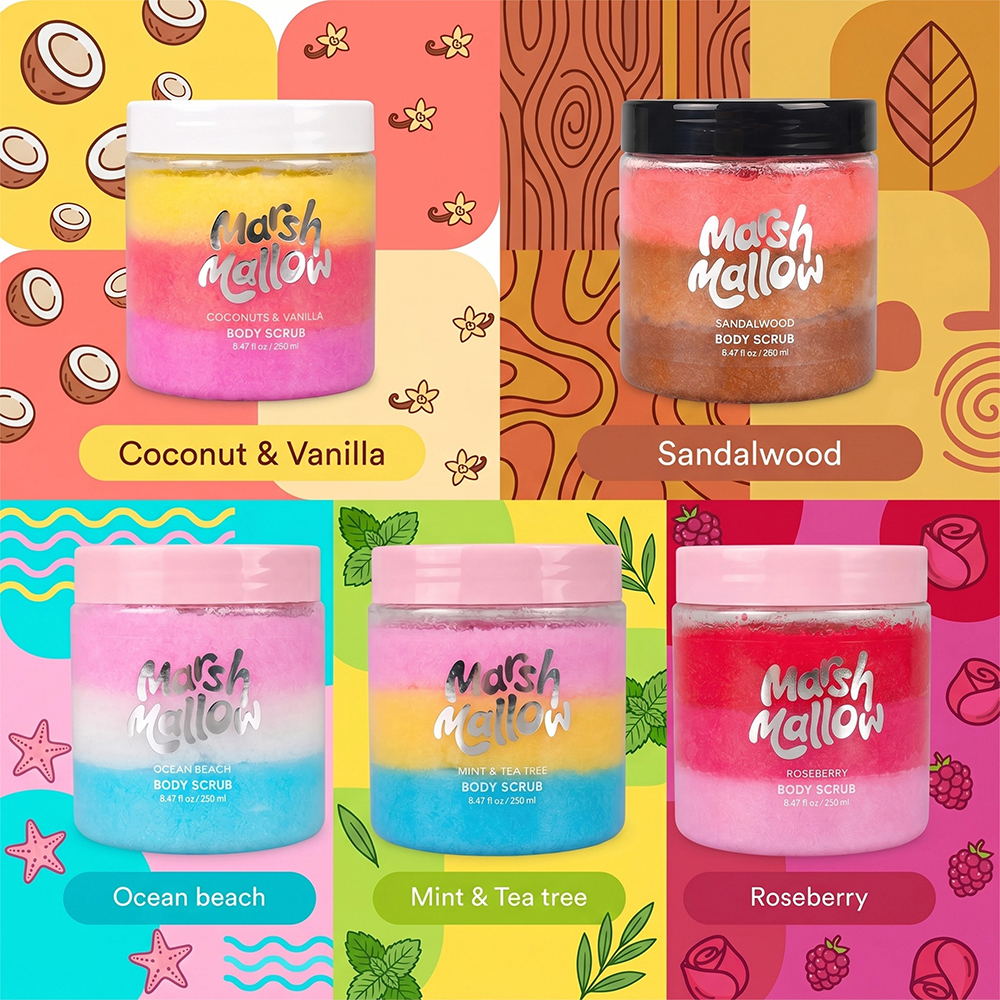 Private Label Marshmallow Layered Sugar Body Scrub 250ml Gentle Skin Exfoliator Whitening Moisturizing Body Scrub