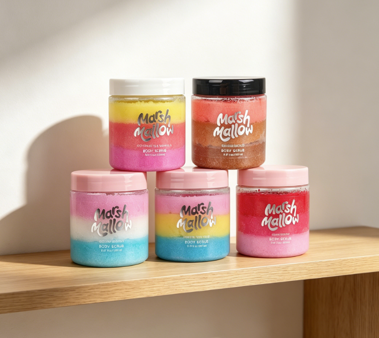 Private Label Marshmallow Layered Sugar Body Scrub 250ml Gentle Skin Exfoliator Whitening Moisturizing Body Scrub
