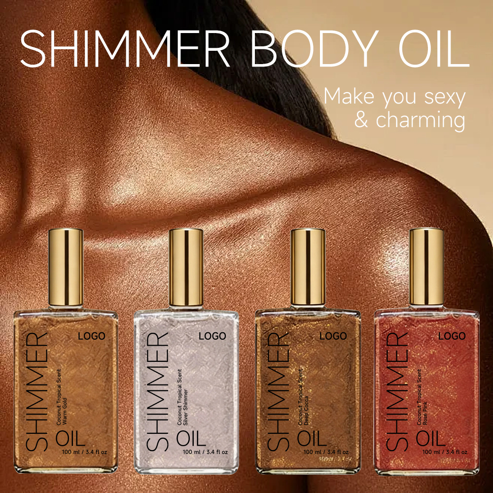 Shimmer Body Oil 100ml Coconut Tropical Custom Logo Hydrating Liquid Body Highlighter Glitter Oil For Body Dry Skin Wholesale