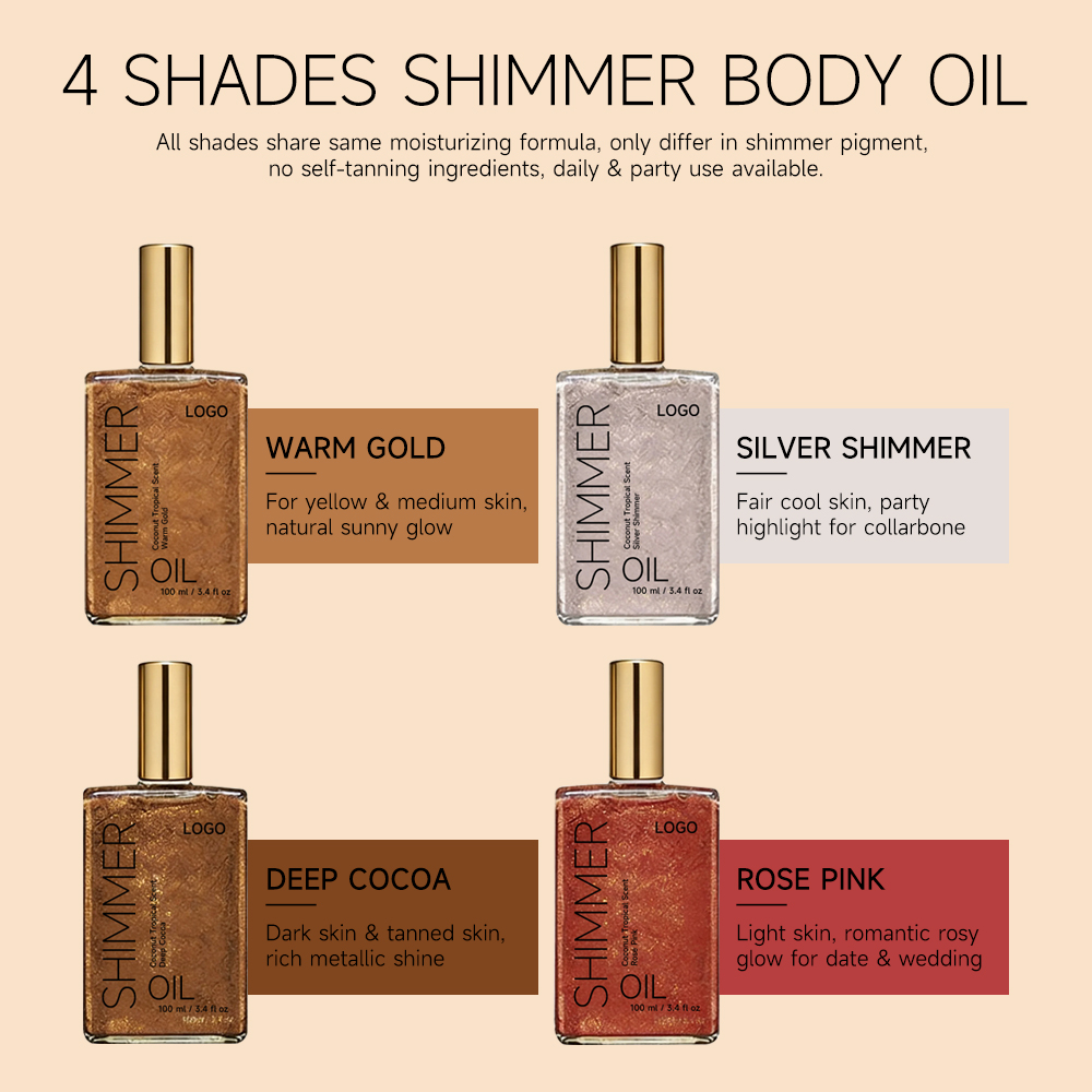 Shimmer Body Oil 100ml Coconut Tropical Custom Logo Hydrating Liquid Body Highlighter Glitter Oil For Body Dry Skin Wholesale