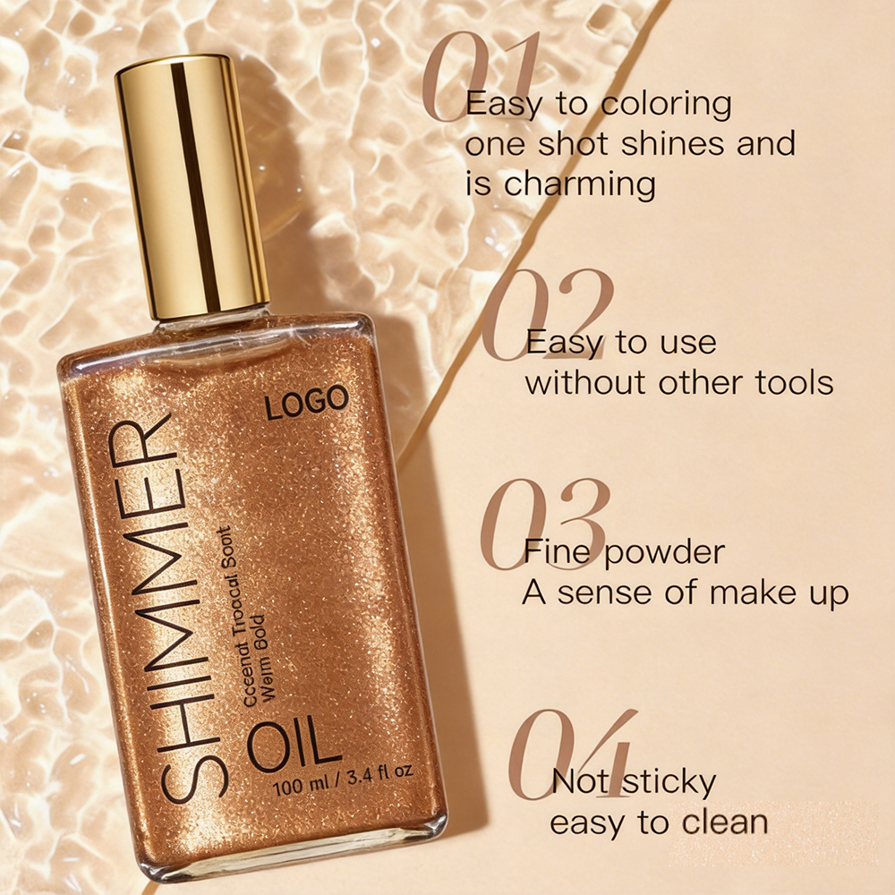 Shimmer Body Oil 100ml Coconut Tropical Custom Logo Hydrating Liquid Body Highlighter Glitter Oil For Body Dry Skin Wholesale