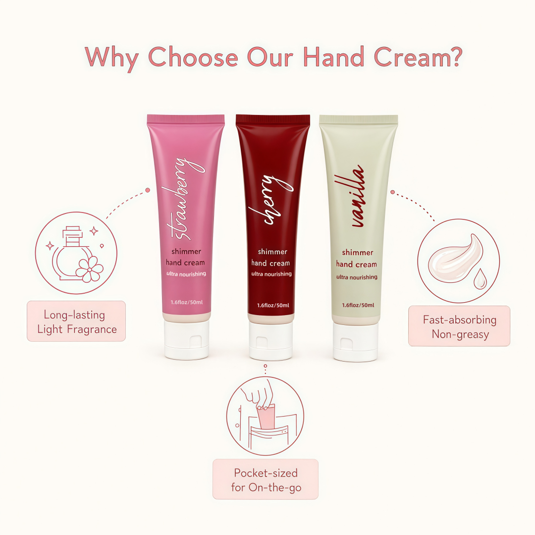 Shimmer Hand Cream Set Private Label 3 Pack Cherry Vanilla Strawberry Moisturizing Travel Size Gift Set For Women Custom Logo