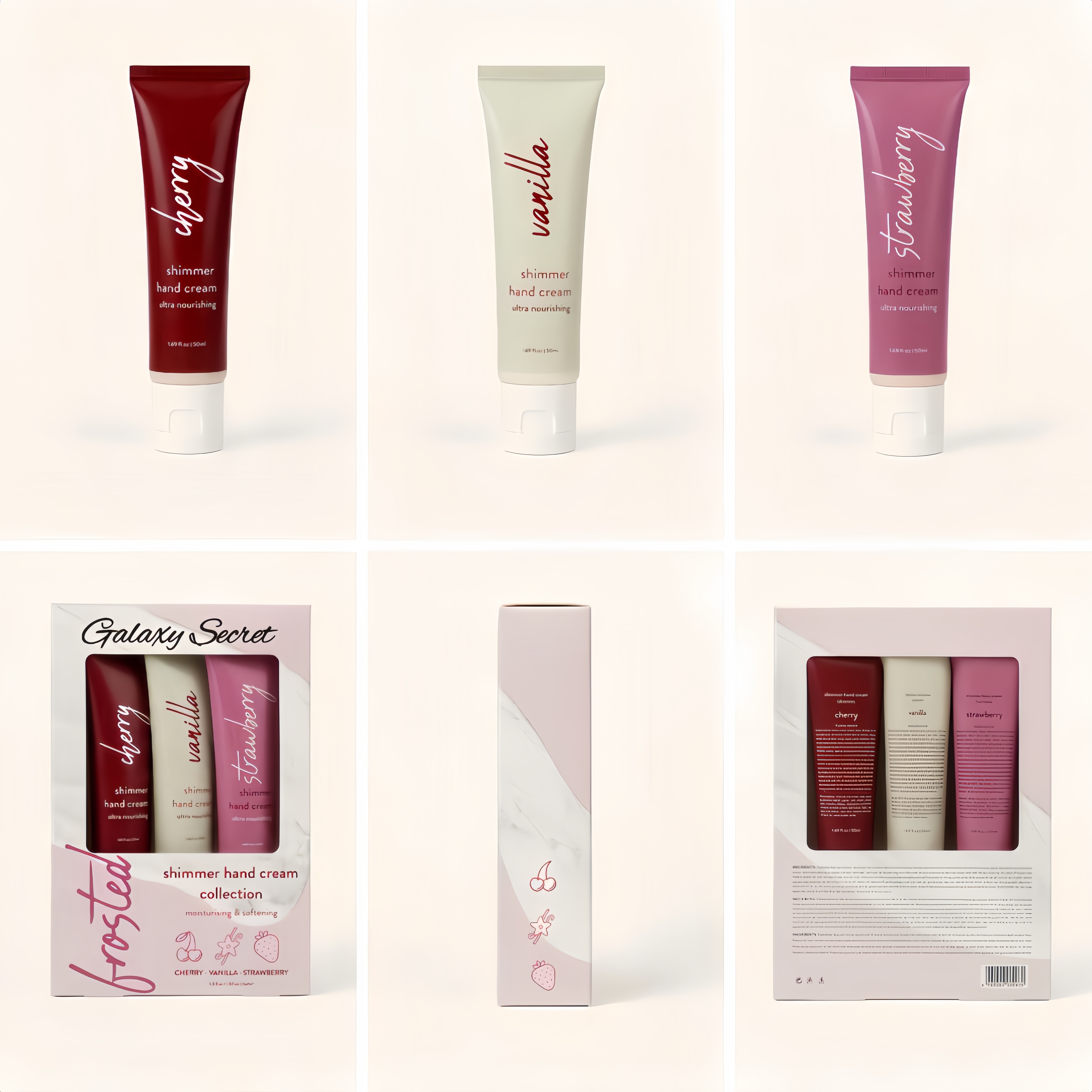 Shimmer Hand Cream Set Private Label 3 Pack Cherry Vanilla Strawberry Moisturizing Travel Size Gift Set For Women Custom Logo