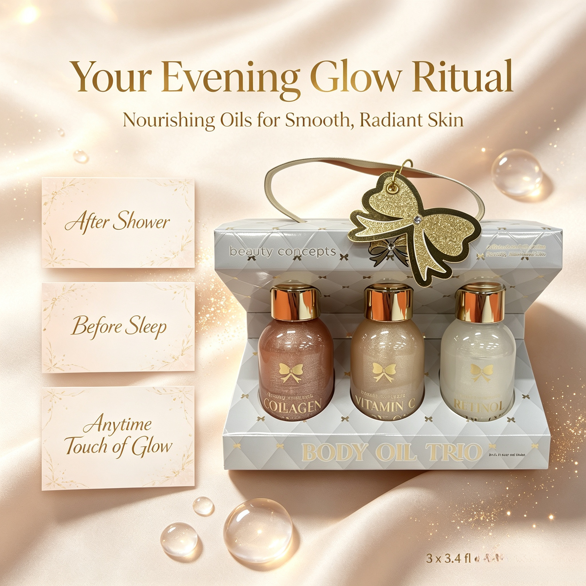 3pcs Shimmer Glow Body Oil Gift Set Collagen Vc Retinol Moisturizing Body Care Private Label Wholesale