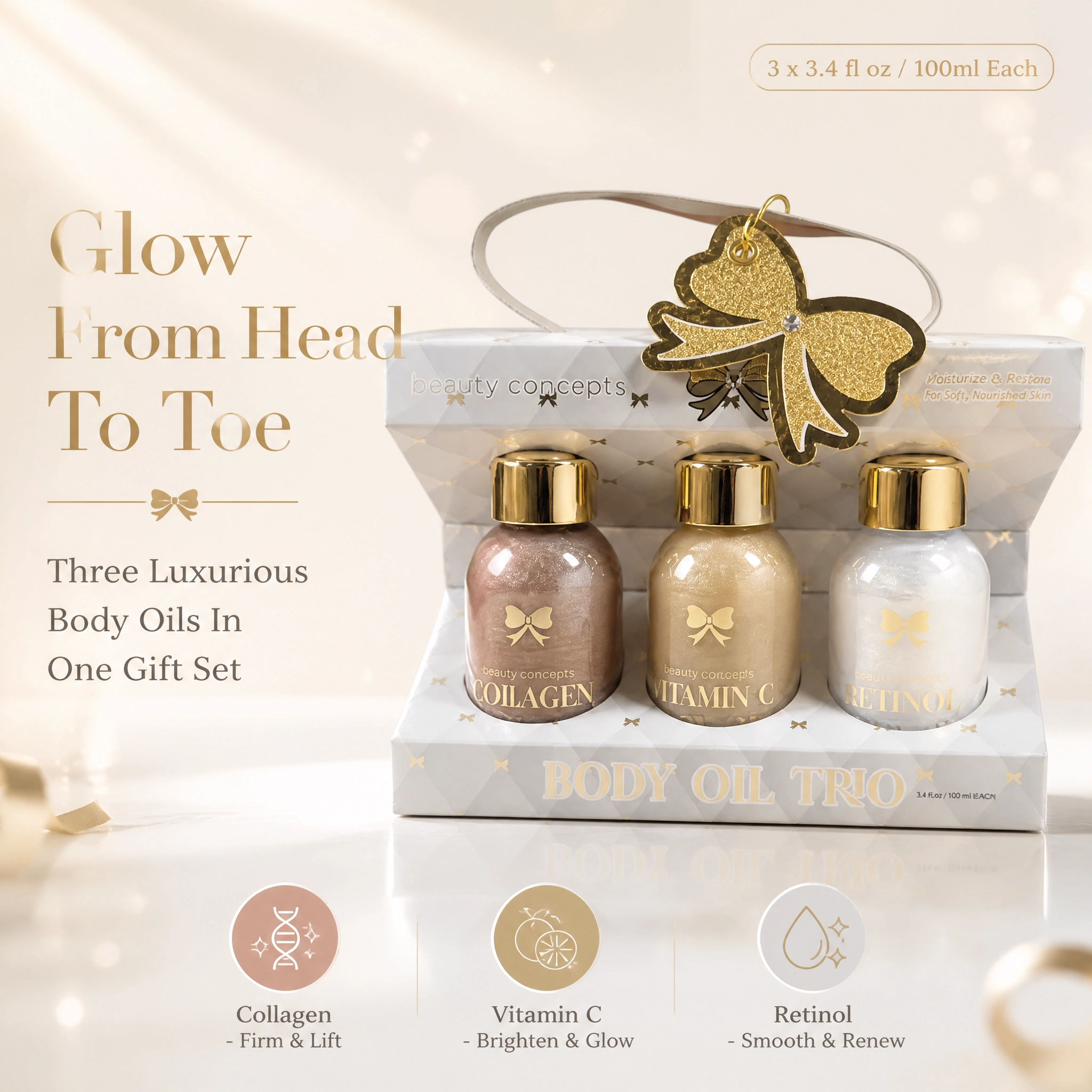 3pcs Shimmer Glow Body Oil Gift Set Collagen Vc Retinol Moisturizing Body Care Private Label Wholesale