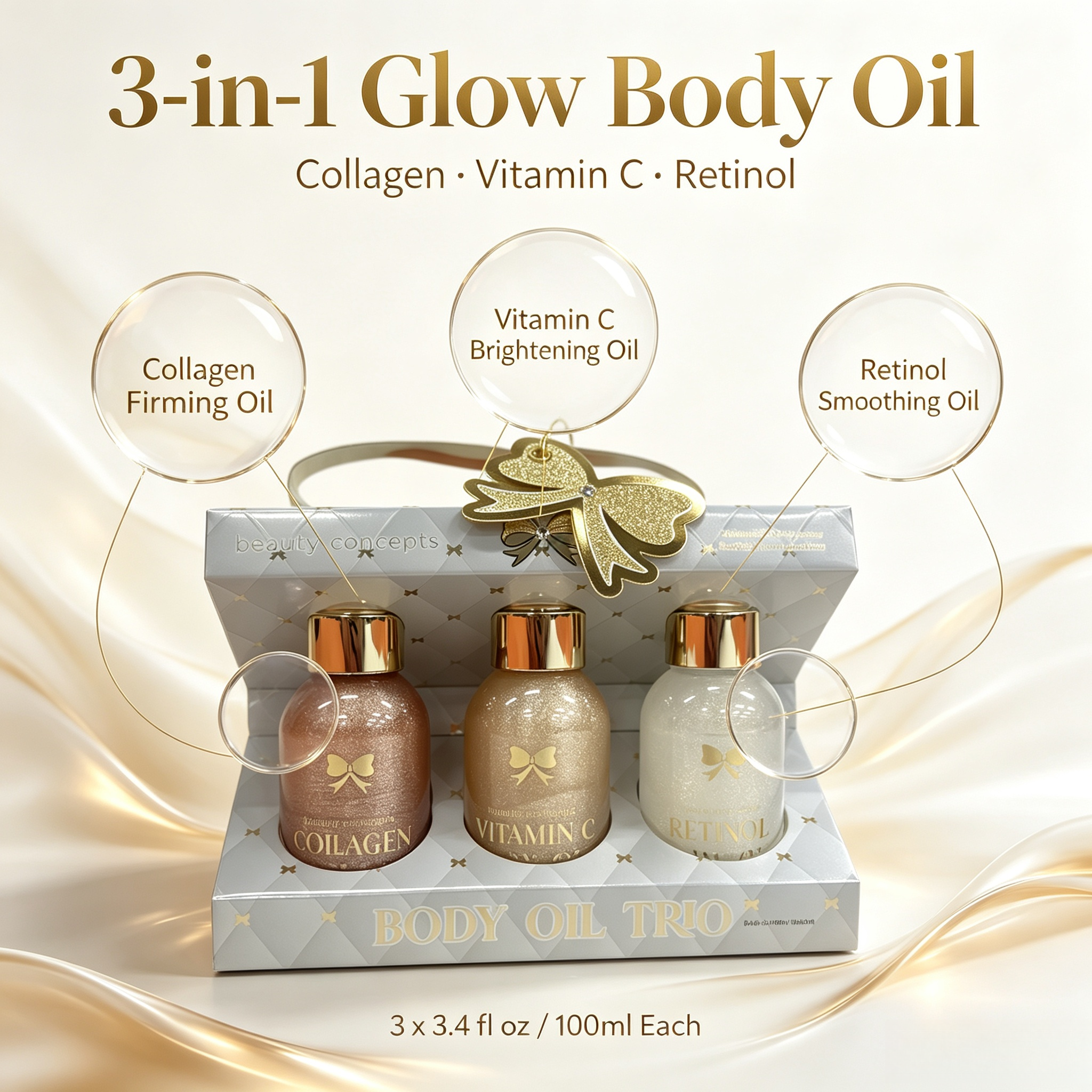 3pcs Shimmer Glow Body Oil Gift Set Collagen Vc Retinol Moisturizing Body Care Private Label Wholesale
