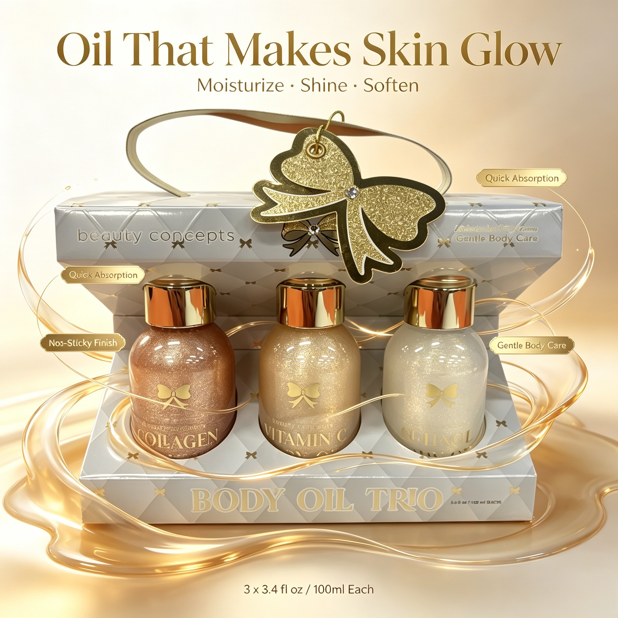 3pcs Shimmer Glow Body Oil Gift Set Collagen Vc Retinol Moisturizing Body Care Private Label Wholesale