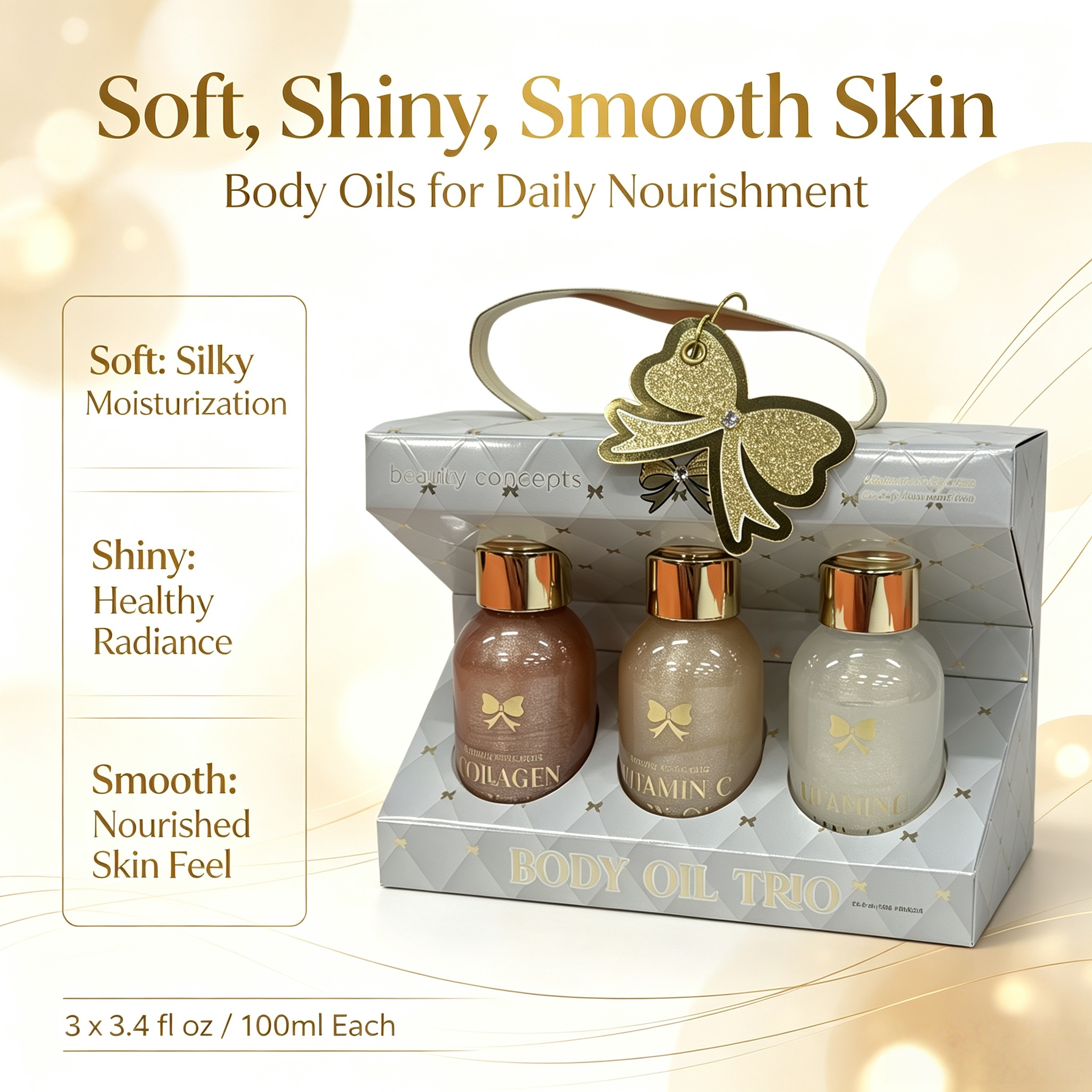 3pcs Shimmer Glow Body Oil Gift Set Collagen Vc Retinol Moisturizing Body Care Private Label Wholesale