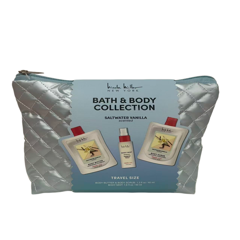Oem /odm 3pcs Saltwater Vanilla Bath & Body Travel Set Body Butter Scrub Mist With Sliver Cosmetic Pouch