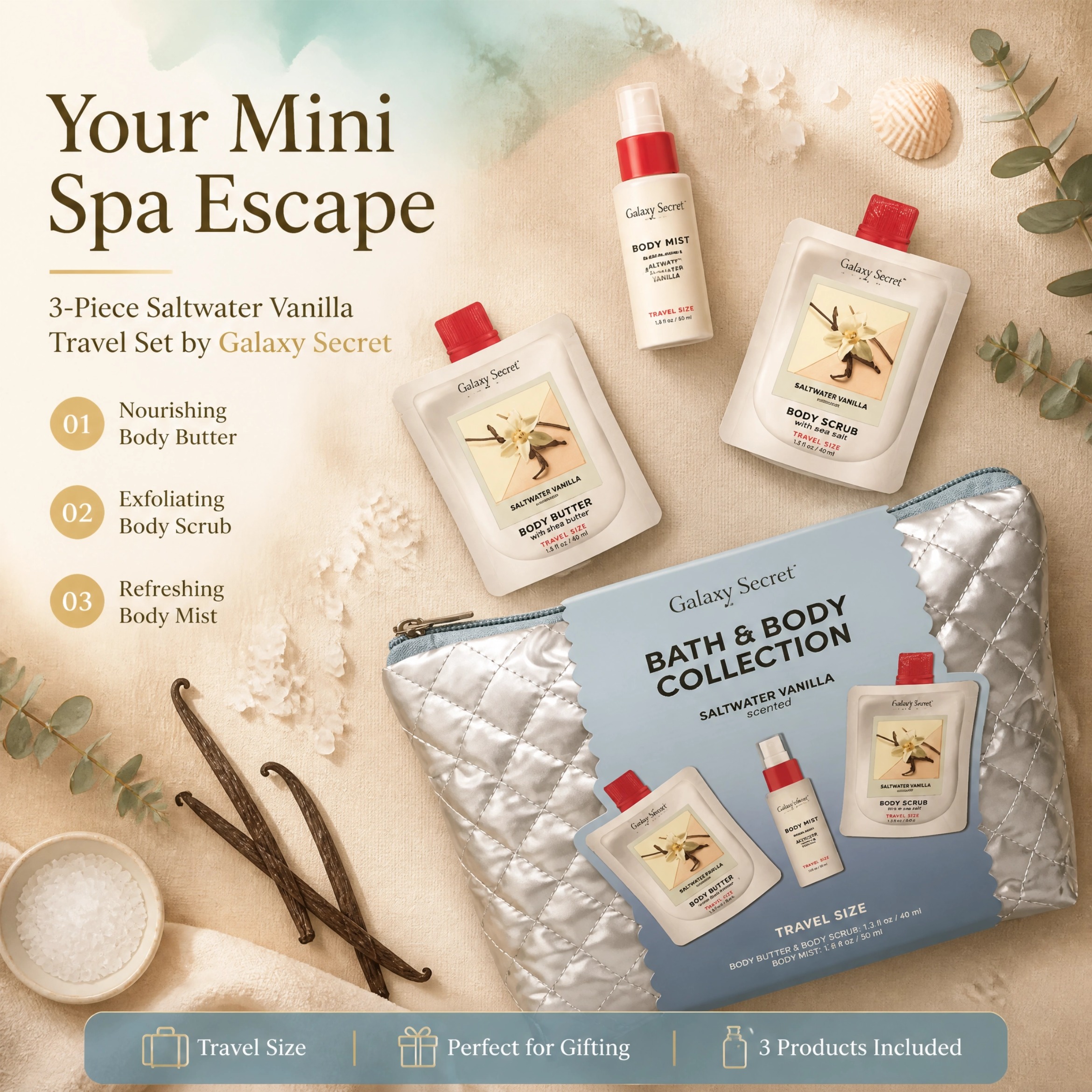 Oem /odm 3pcs Saltwater Vanilla Bath & Body Travel Set Body Butter Scrub Mist With Sliver Cosmetic Pouch